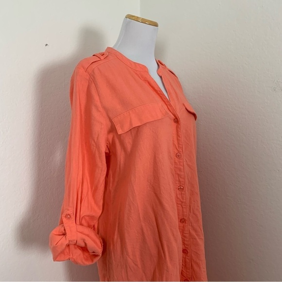 Calvin Klein Linen Blend Shirt Dress Women’s 10 Coral Roll Tab Sleeves Buttons - Picture 11 of 16